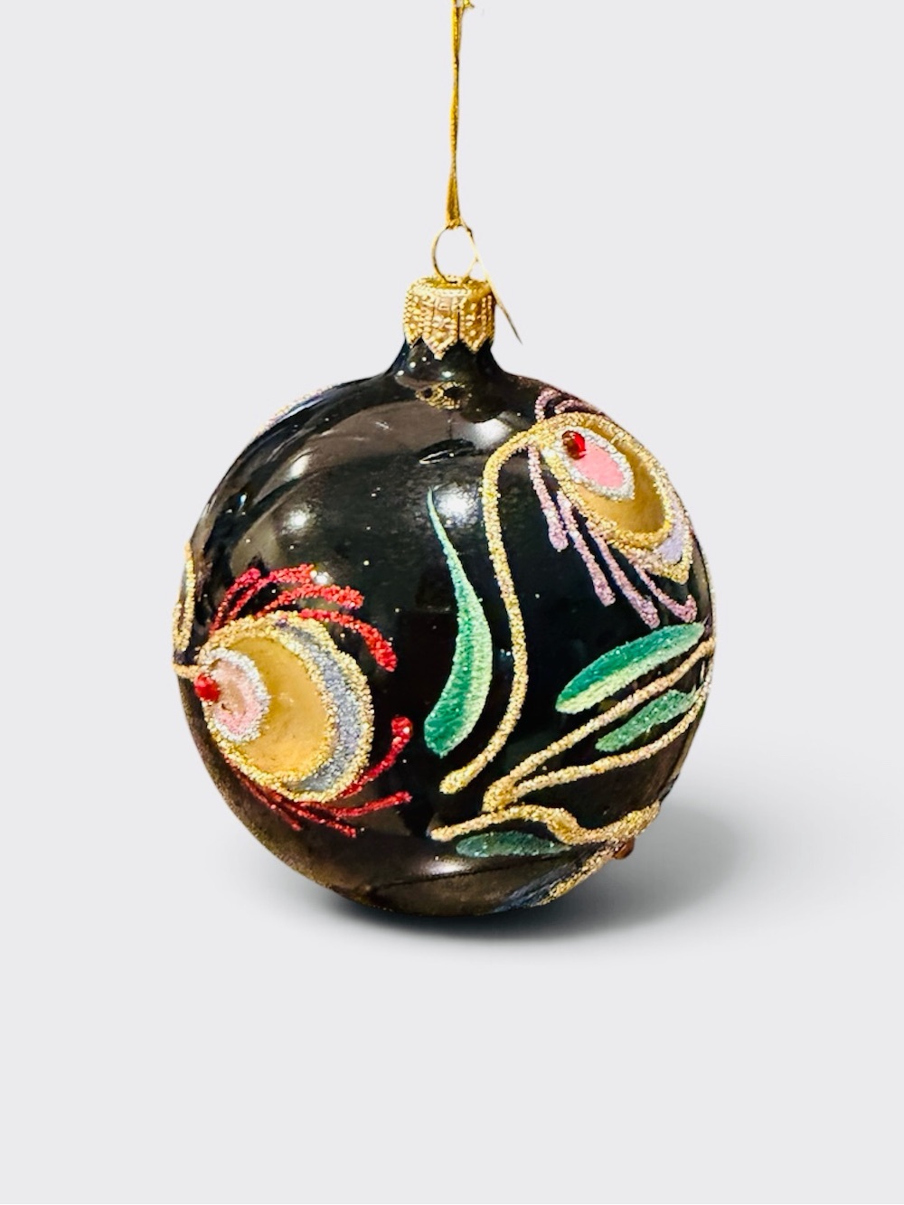 Pier 1 Imports Round Glass Peacock Feather Design Glitter Ornament